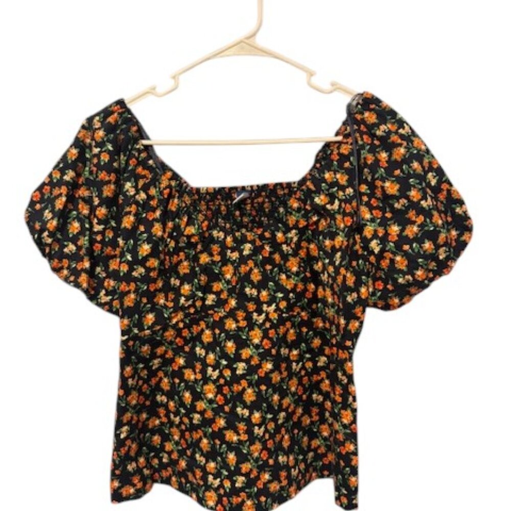 Old Navy Women’s Waist Defined Puff Sleeve Top Blue Floral Smocked Size L